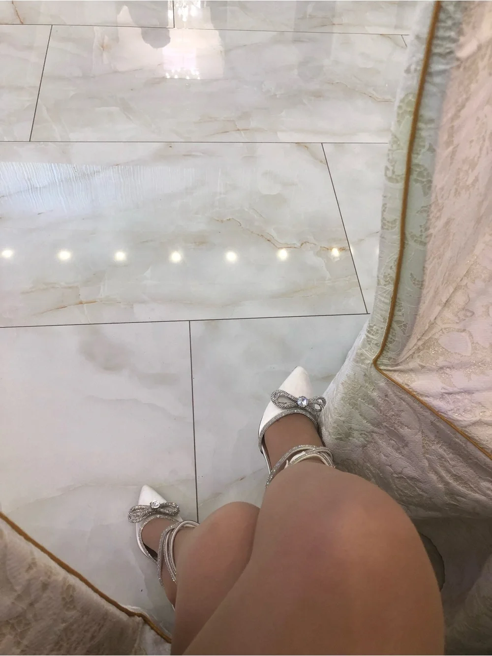 White Pointed Ankle-Strap Heels with Jeweled Bow